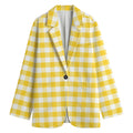 Yellow And White Gingham Pattern Print Women's Cotton Blazer