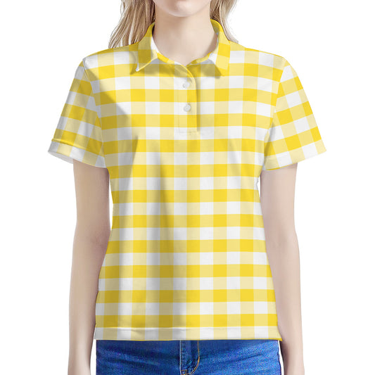 Yellow And White Gingham Pattern Print Women's Polo Shirt