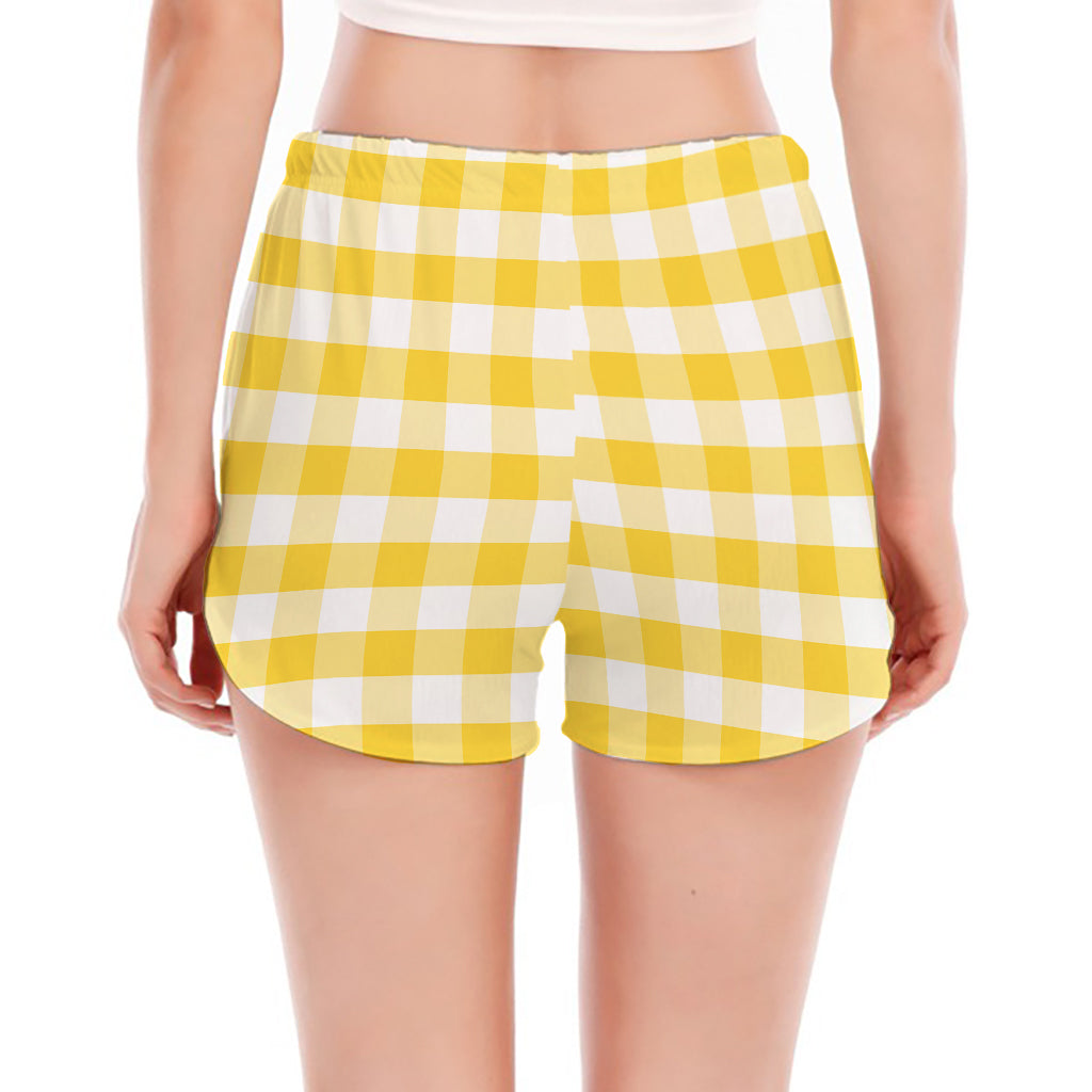 Yellow And White Gingham Pattern Print Women's Split Running Shorts