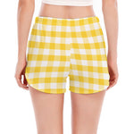 Yellow And White Gingham Pattern Print Women's Split Running Shorts