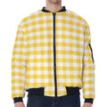 Yellow And White Gingham Pattern Print Zip Sleeve Bomber Jacket
