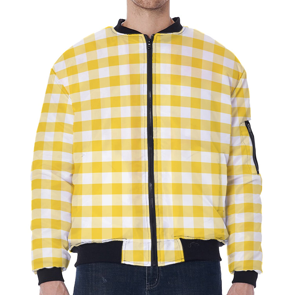 Yellow And White Gingham Pattern Print Zip Sleeve Bomber Jacket