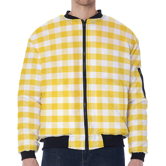 Yellow And White Gingham Pattern Print Zip Sleeve Bomber Jacket