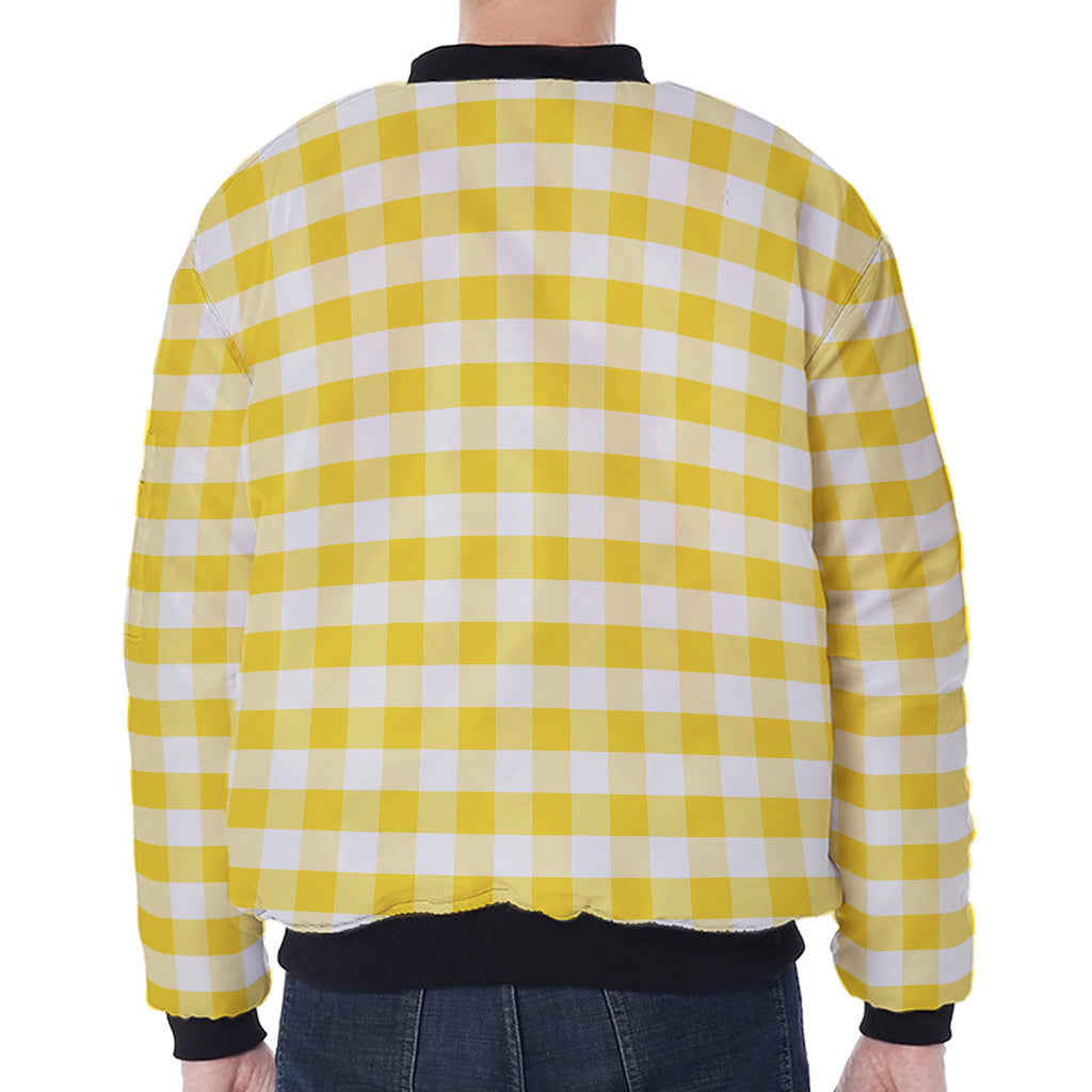 Yellow And White Gingham Pattern Print Zip Sleeve Bomber Jacket
