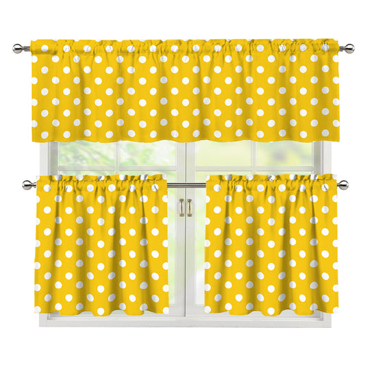 Yellow And White Polka Dot Pattern Print 3 Piece Kitchen Curtains