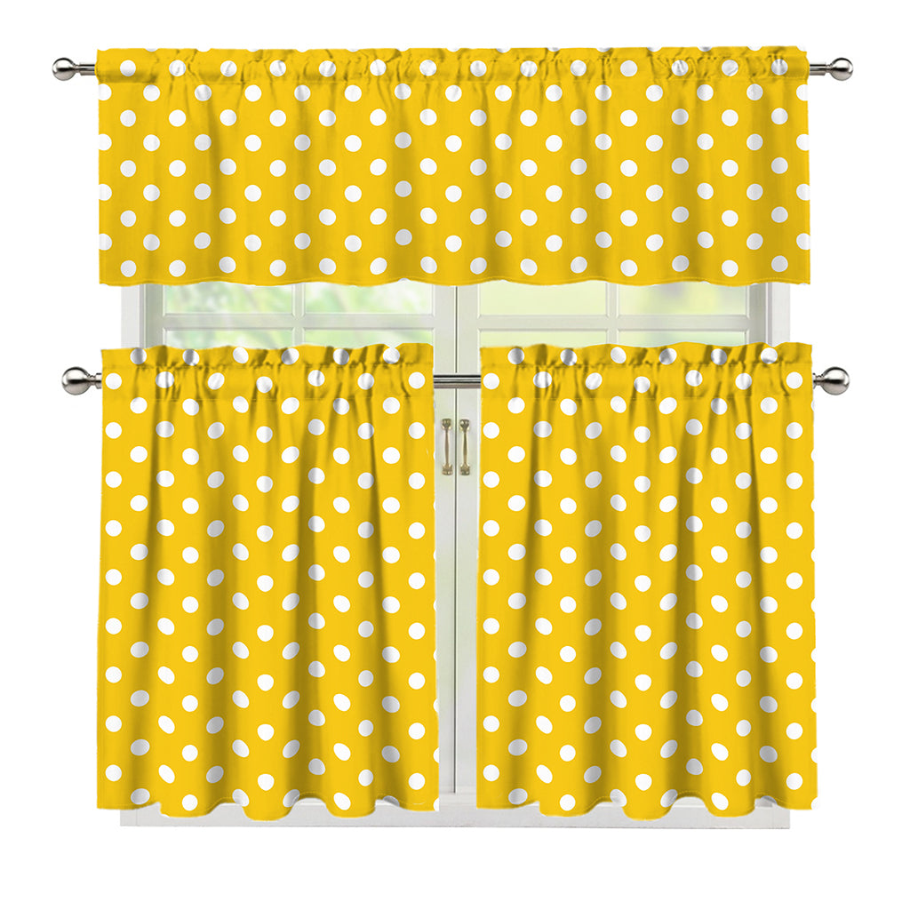 Yellow And White Polka Dot Pattern Print 3 Piece Kitchen Curtains