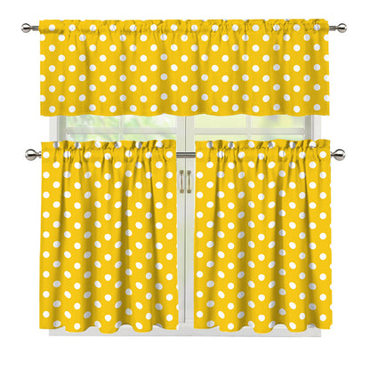 Yellow And White Polka Dot Pattern Print 3 Piece Kitchen Curtains