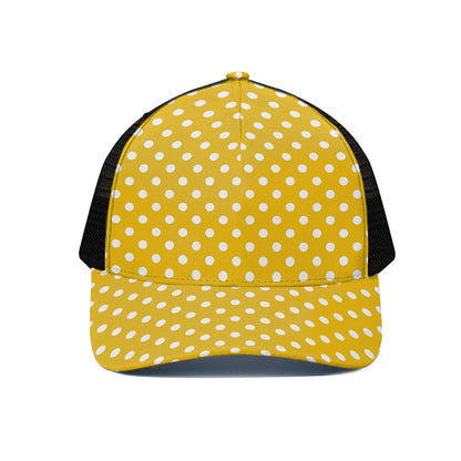 Yellow And White Polka Dot Pattern Print Black Mesh Trucker Cap