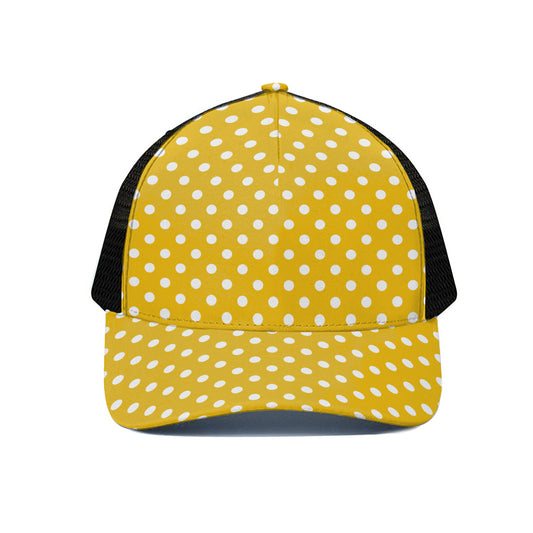 Yellow And White Polka Dot Pattern Print Black Mesh Trucker Cap