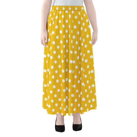 Yellow And White Polka Dot Pattern Print Chiffon Maxi Skirt