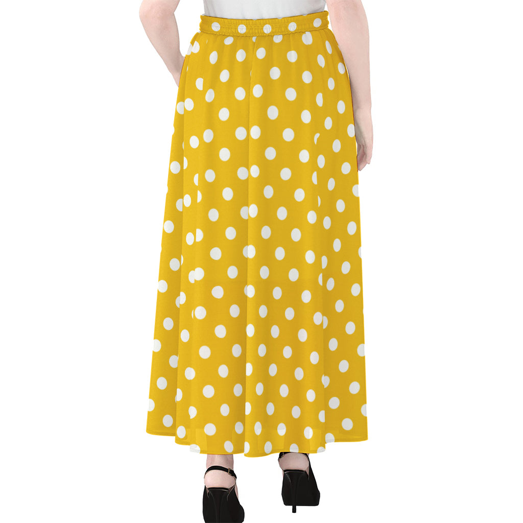 Yellow And White Polka Dot Pattern Print Chiffon Maxi Skirt