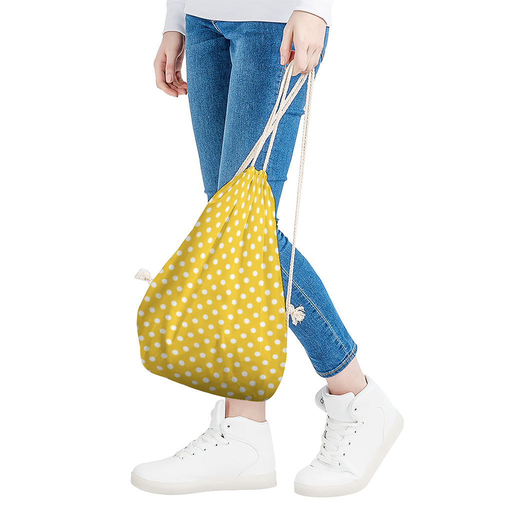 Yellow And White Polka Dot Pattern Print Drawstring Bag