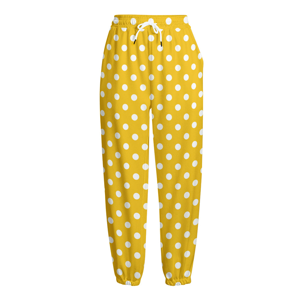 Yellow And White Polka Dot Pattern Print Fleece Lined Knit Pants