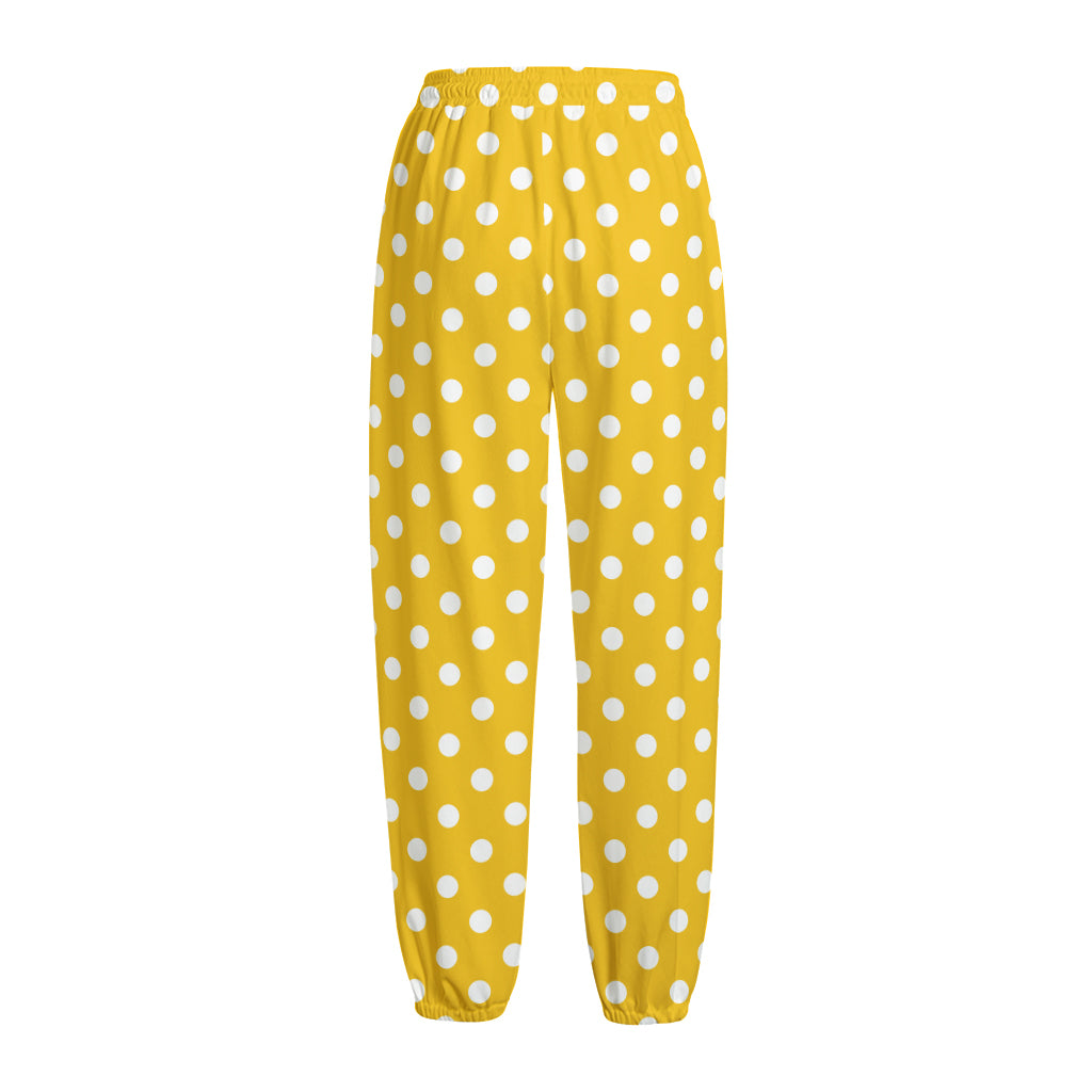 Yellow And White Polka Dot Pattern Print Fleece Lined Knit Pants