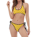 Yellow And White Polka Dot Pattern Print Halter Scoop Tie Side Bikini