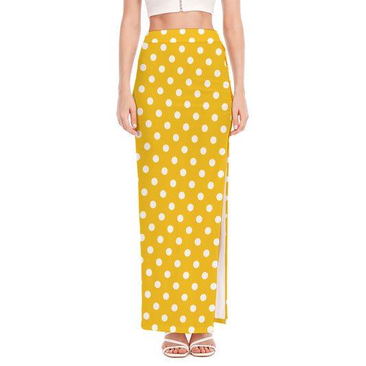 Yellow And White Polka Dot Pattern Print High Slit Maxi Skirt