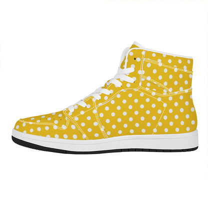 Yellow And White Polka Dot Pattern Print High Top Leather Sneakers