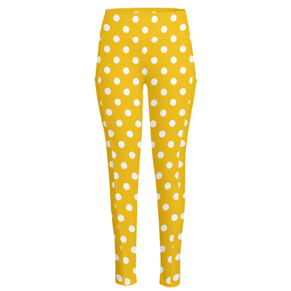 Yellow And White Polka Dot Pattern Print High-Waisted Pocket Leggings