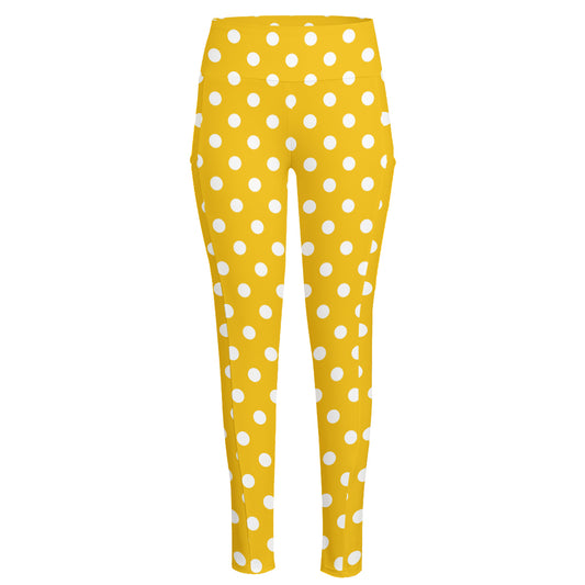 Yellow And White Polka Dot Pattern Print High-Waisted Pocket Leggings