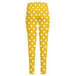 Yellow And White Polka Dot Pattern Print High-Waisted Pocket Leggings