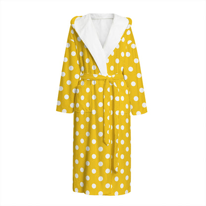Yellow And White Polka Dot Pattern Print Hooded Bathrobe
