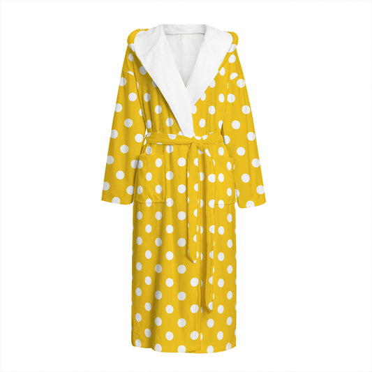 Yellow And White Polka Dot Pattern Print Hooded Bathrobe