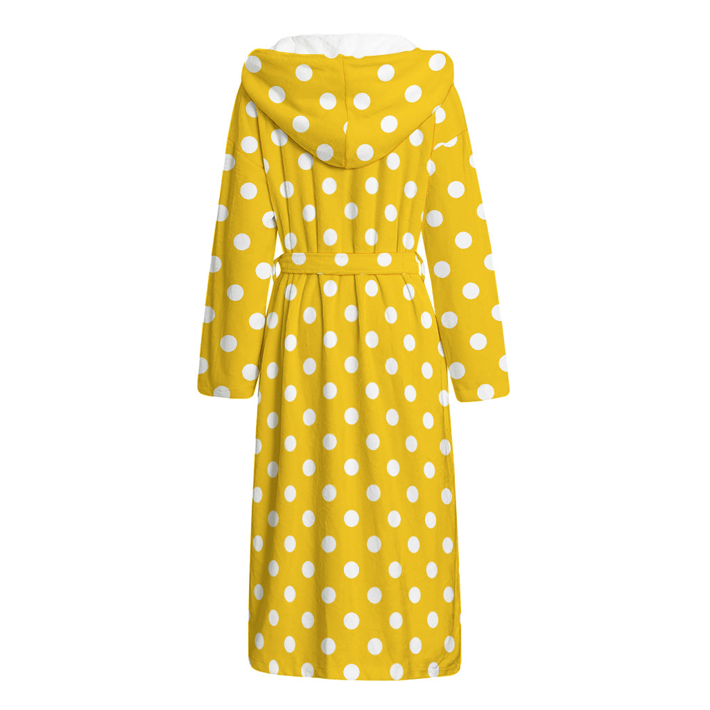 Yellow And White Polka Dot Pattern Print Hooded Bathrobe