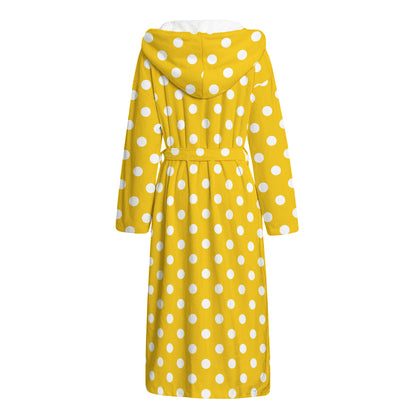 Yellow And White Polka Dot Pattern Print Hooded Bathrobe