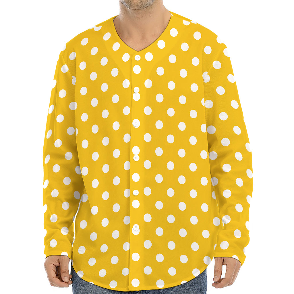 Yellow And White Polka Dot Pattern Print Long Sleeve Baseball Jersey