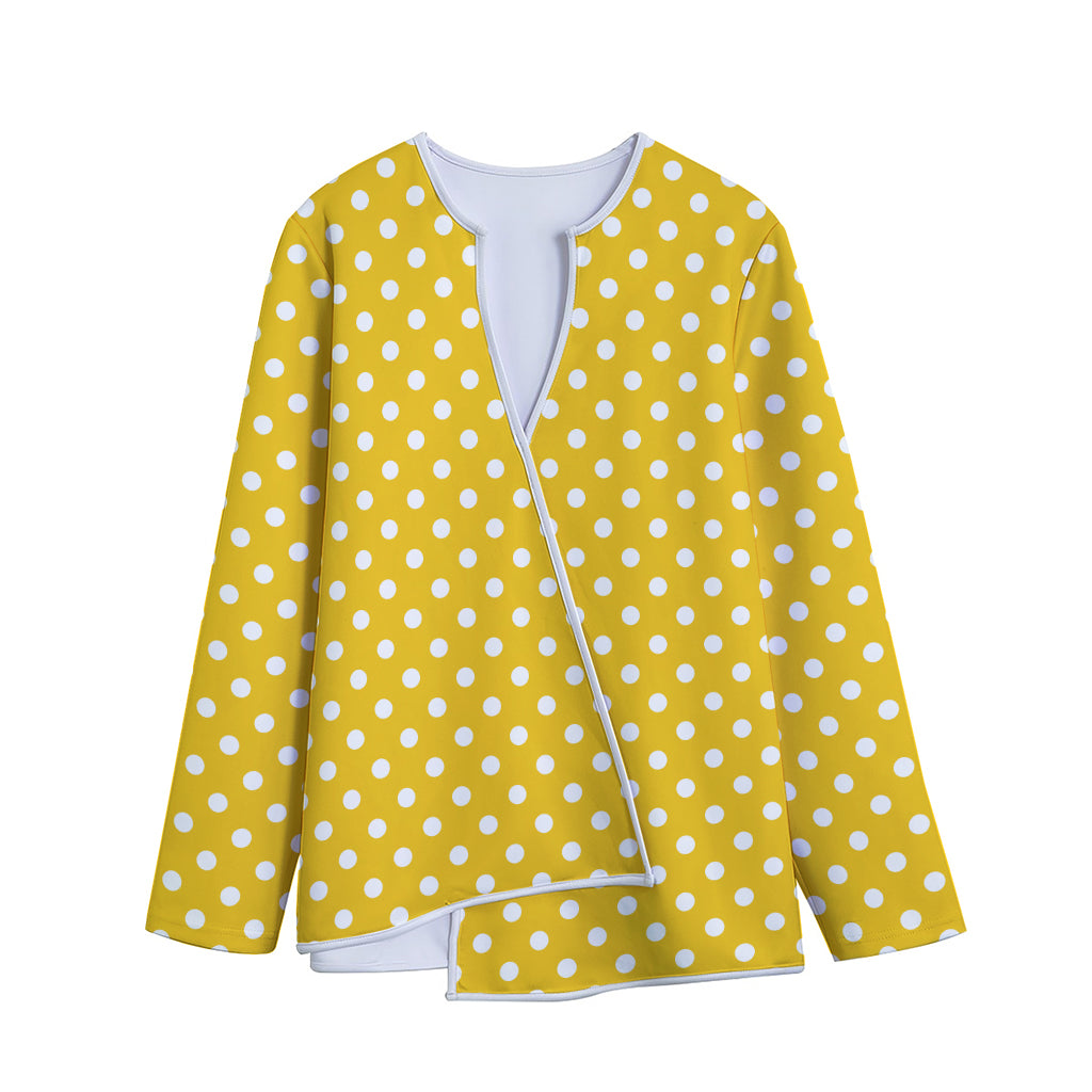 Yellow And White Polka Dot Pattern Print Long Sleeve Short Coat