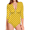 Yellow And White Polka Dot Pattern Print Long Sleeve Swimsuit