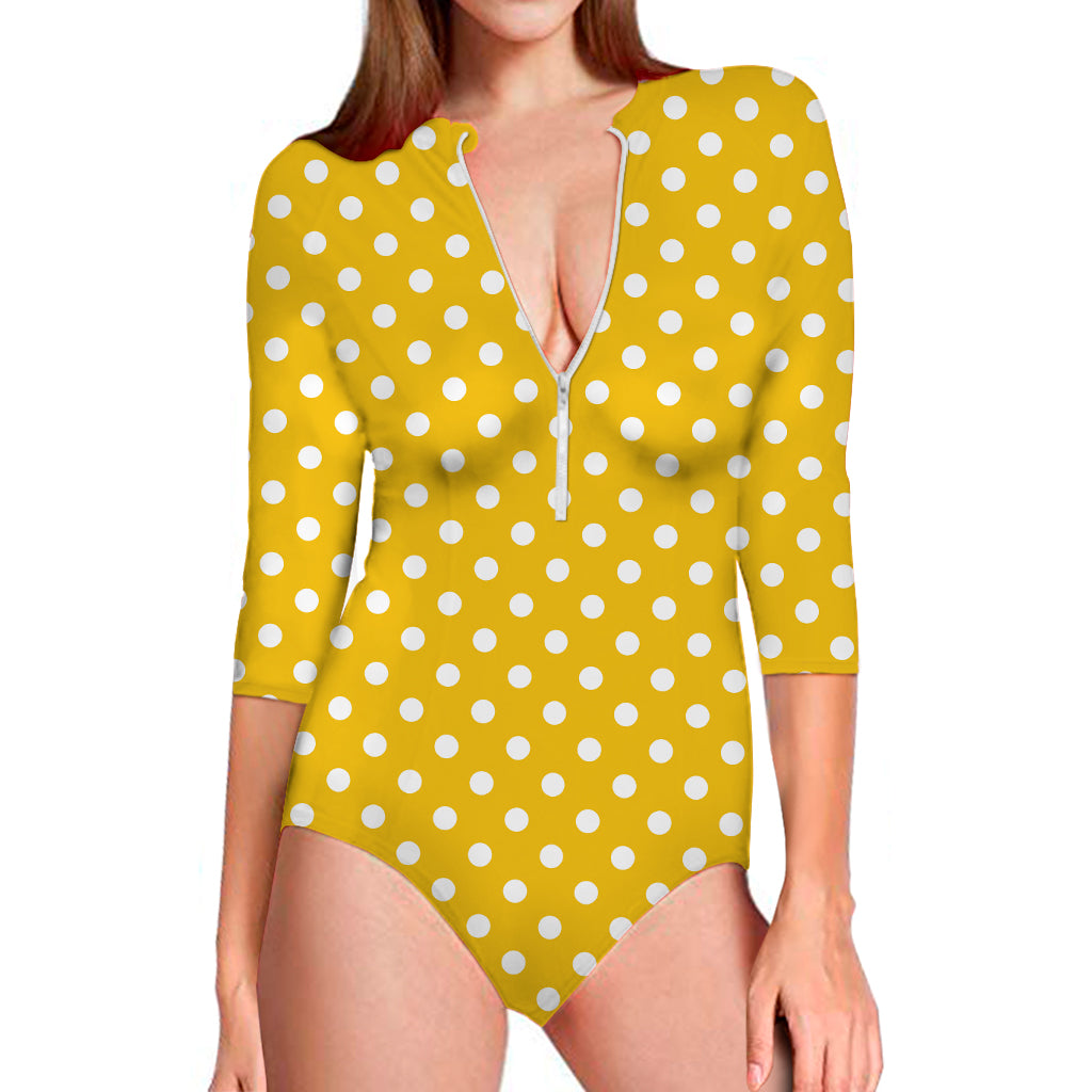 Yellow And White Polka Dot Pattern Print Long Sleeve Swimsuit