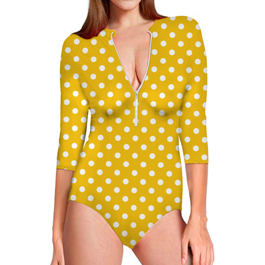 Yellow And White Polka Dot Pattern Print Long Sleeve Swimsuit
