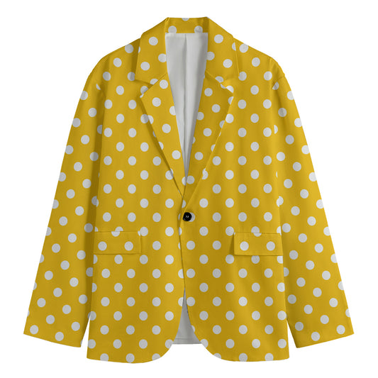 Yellow And White Polka Dot Pattern Print Men's Cotton Blazer