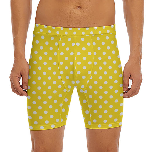 Yellow And White Polka Dot Pattern Print Men's Long Boxer Briefs