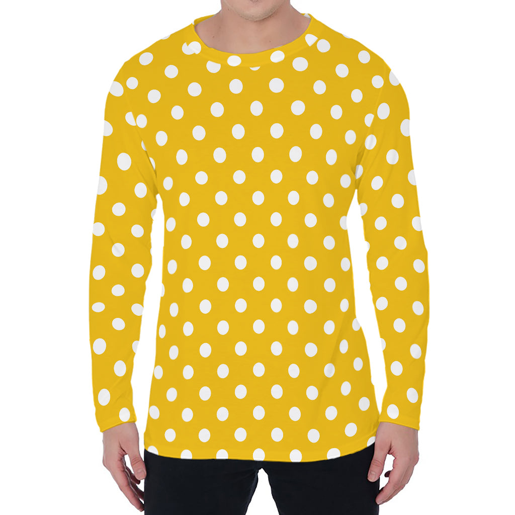 Yellow And White Polka Dot Pattern Print Men's Long Sleeve T-Shirt
