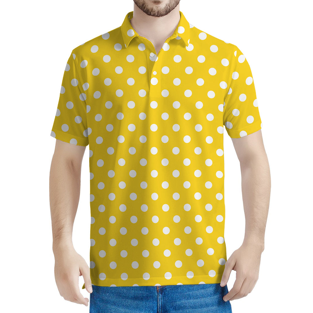 Yellow And White Polka Dot Pattern Print Men's Polo Shirt