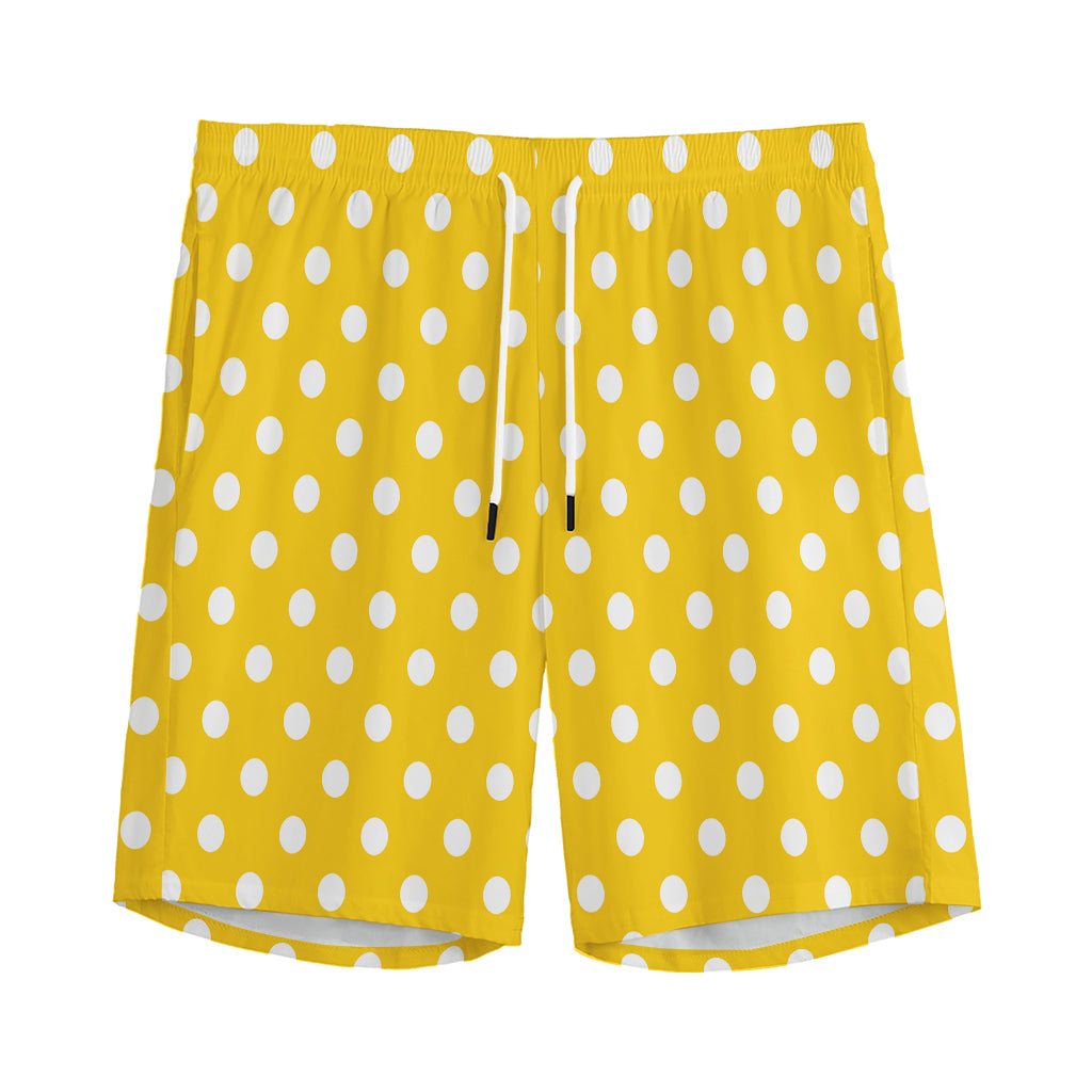 Yellow And White Polka Dot Pattern Print Men's Sports Shorts