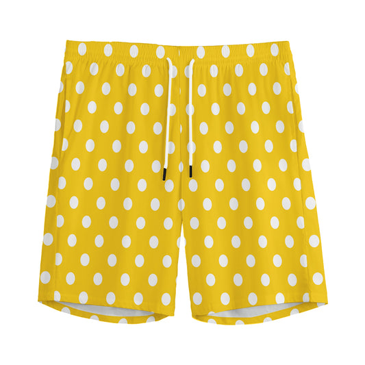 Yellow And White Polka Dot Pattern Print Men's Sports Shorts