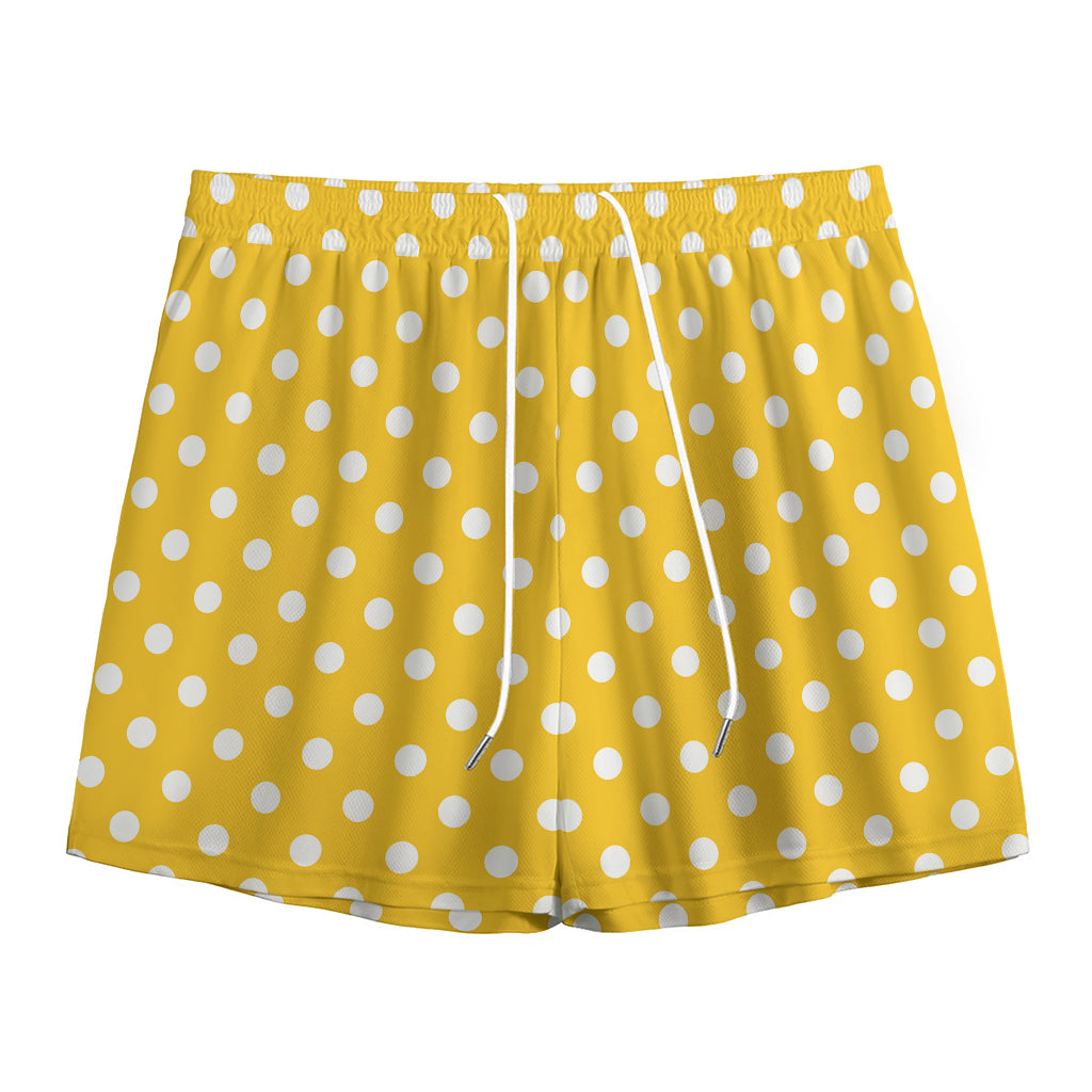 Yellow And White Polka Dot Pattern Print Mesh Shorts