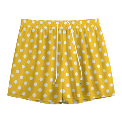 Yellow And White Polka Dot Pattern Print Mesh Shorts