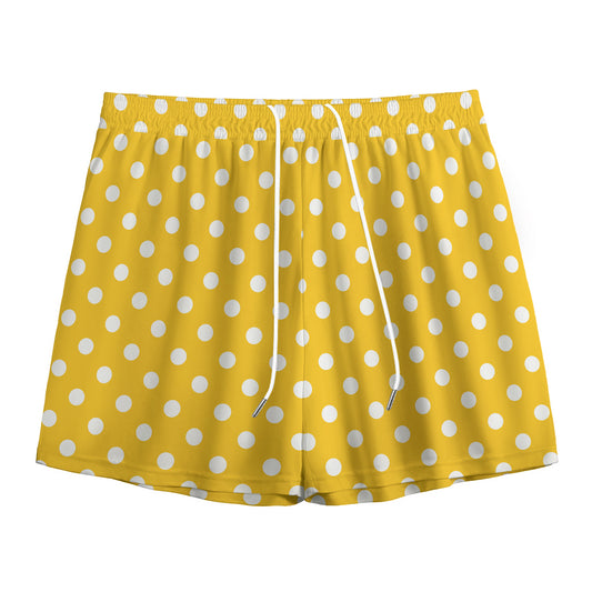Yellow And White Polka Dot Pattern Print Mesh Shorts