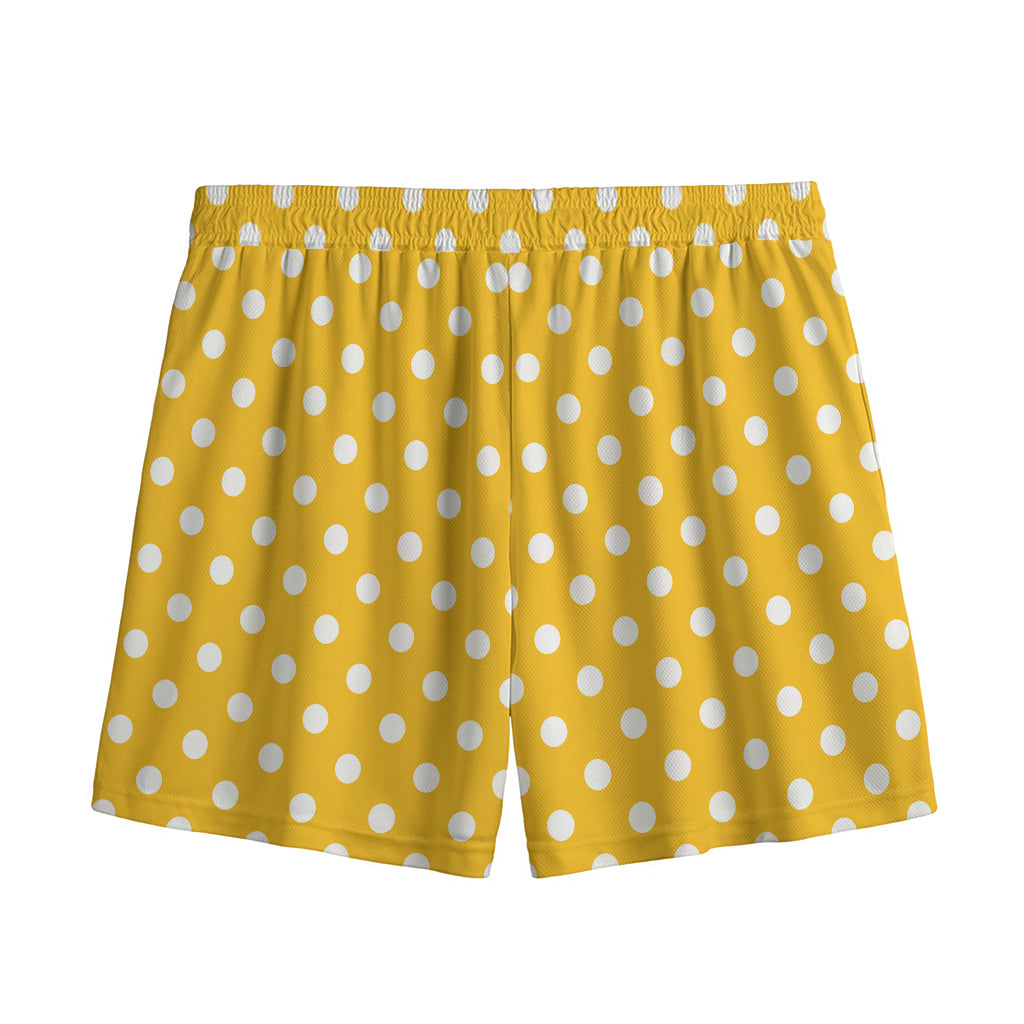 Yellow And White Polka Dot Pattern Print Mesh Shorts