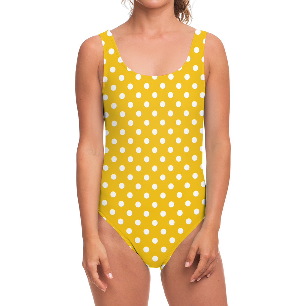 Yellow And White Polka Dot Pattern Print One Piece Swimsuit