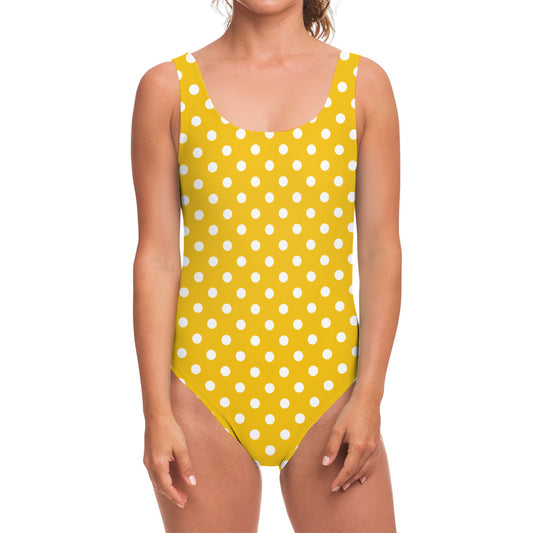 Yellow And White Polka Dot Pattern Print One Piece Swimsuit