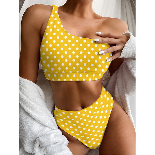 Yellow And White Polka Dot Pattern Print One Shoulder Bikini Top