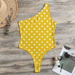 Yellow And White Polka Dot Pattern Print One Shoulder Bodysuit