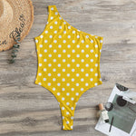 Yellow And White Polka Dot Pattern Print One Shoulder Bodysuit
