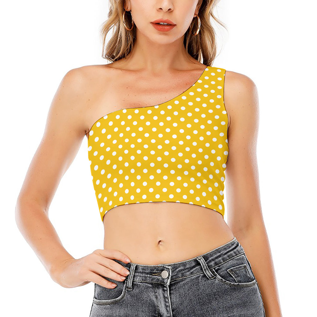 Yellow And White Polka Dot Pattern Print One Shoulder Crop Top