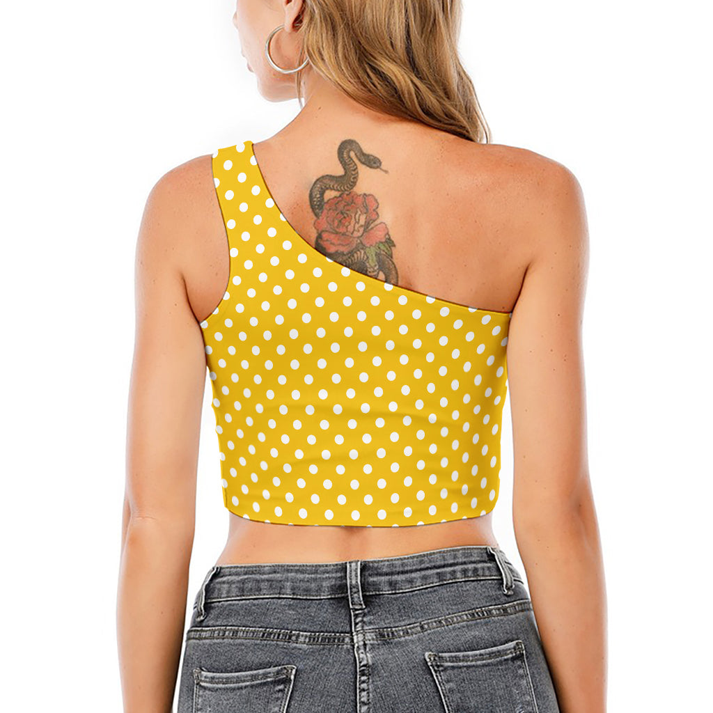 Yellow And White Polka Dot Pattern Print One Shoulder Crop Top